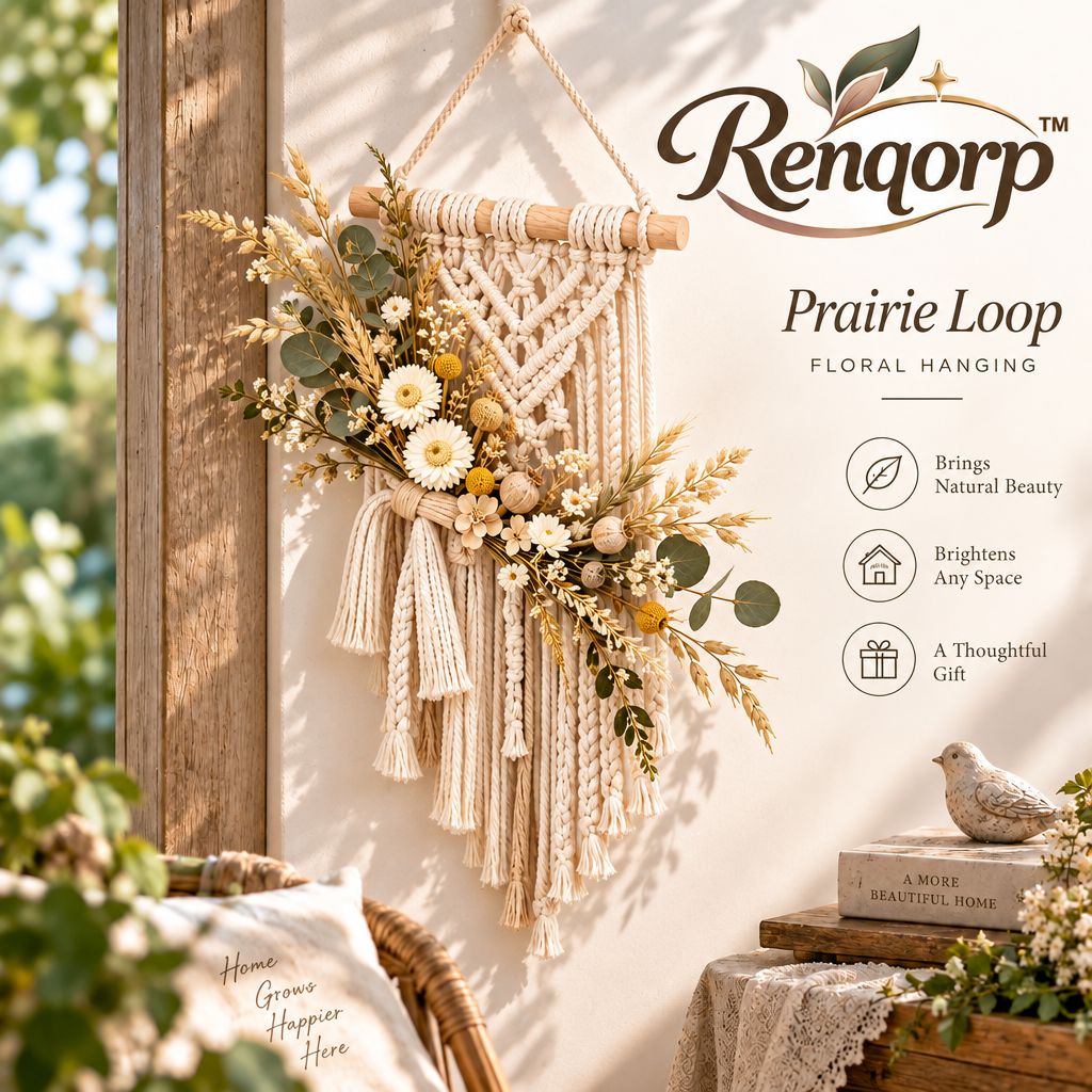 Renqorp™ Prairie Loop Handwoven Dried Floral Wall Hanging | Botanical Fiber Art Home Decor