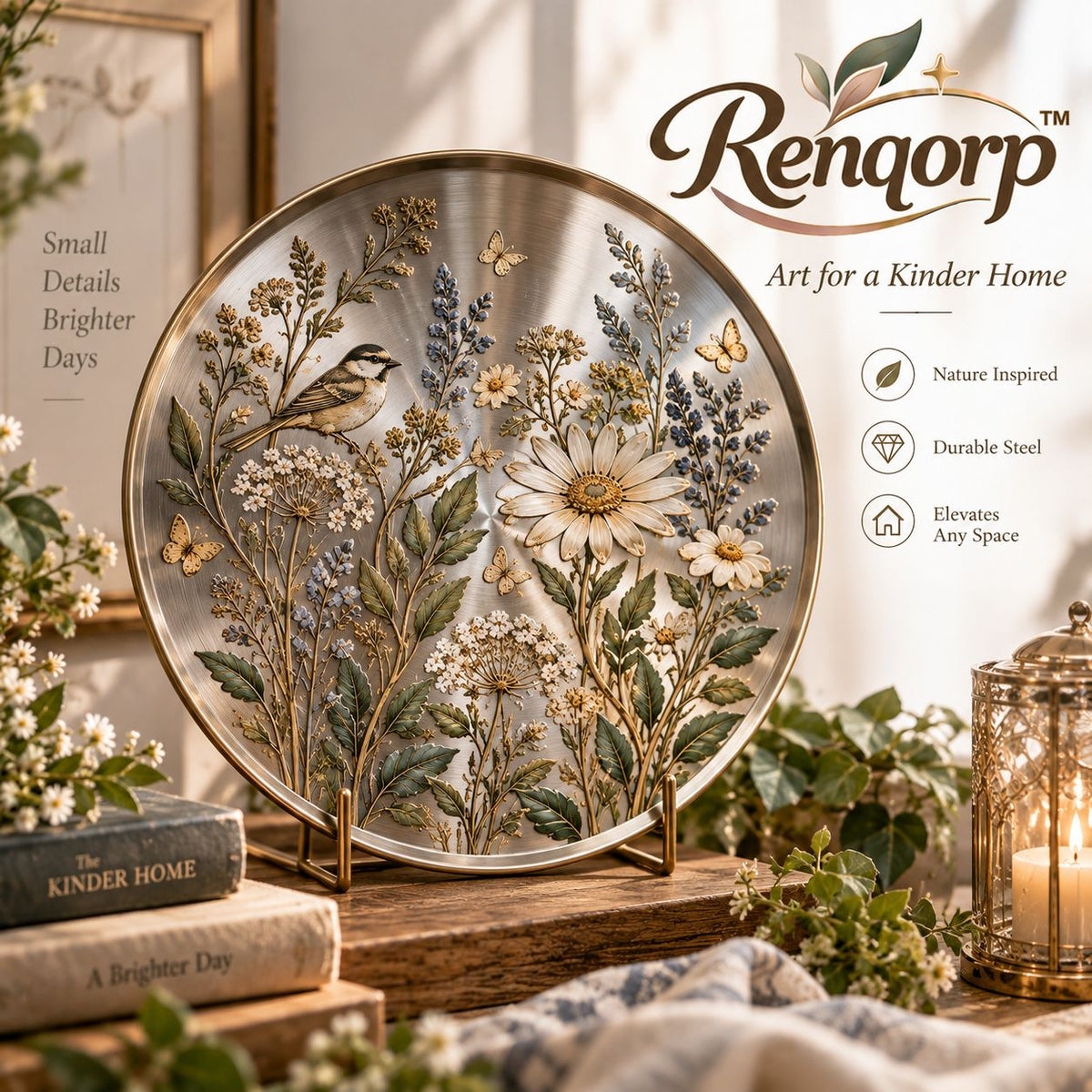 Renqorp™ Field Etch Original Illustrated Steel Art Plate | Botanical Celestial Metal Desk Decor