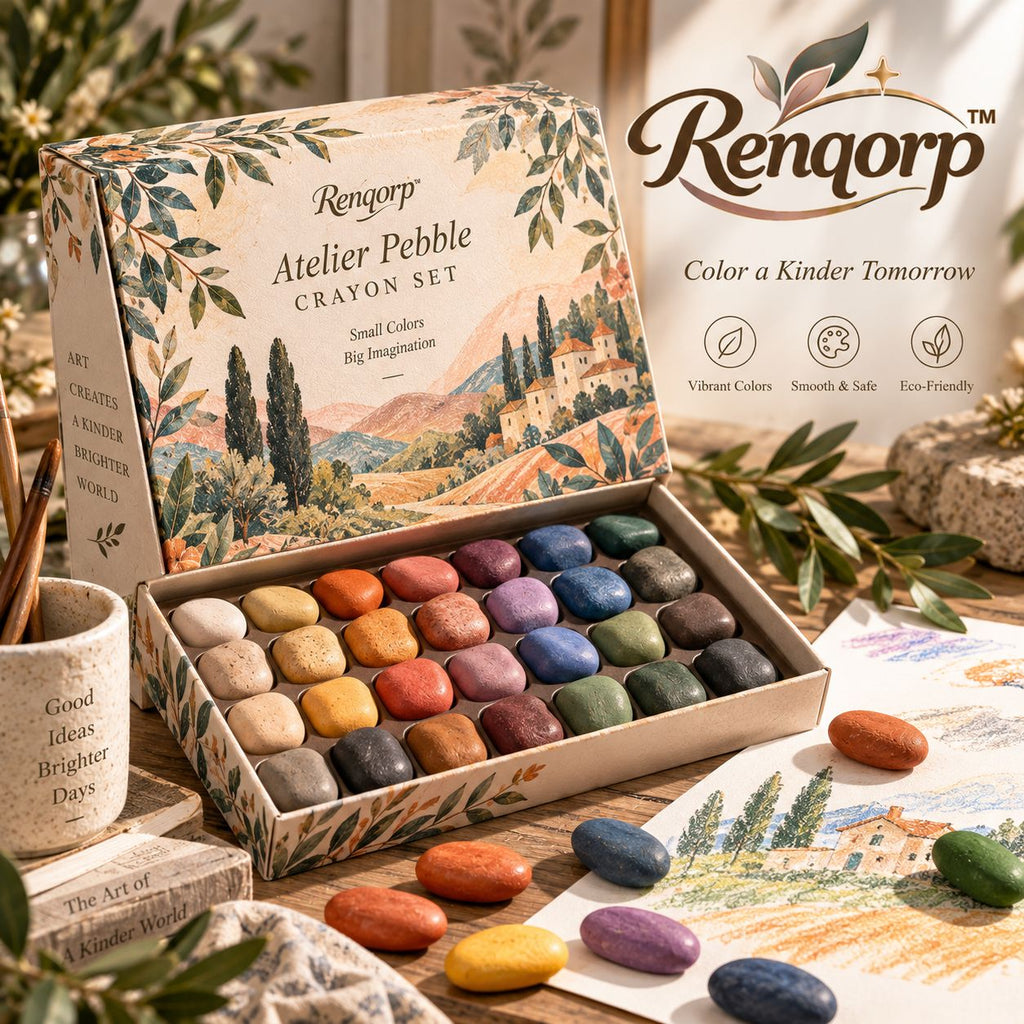 Renqorp™ Atelier Pebble 12-Piece Designer Crayon Set | Sculpted Drawing Crayons Creative Art Gift