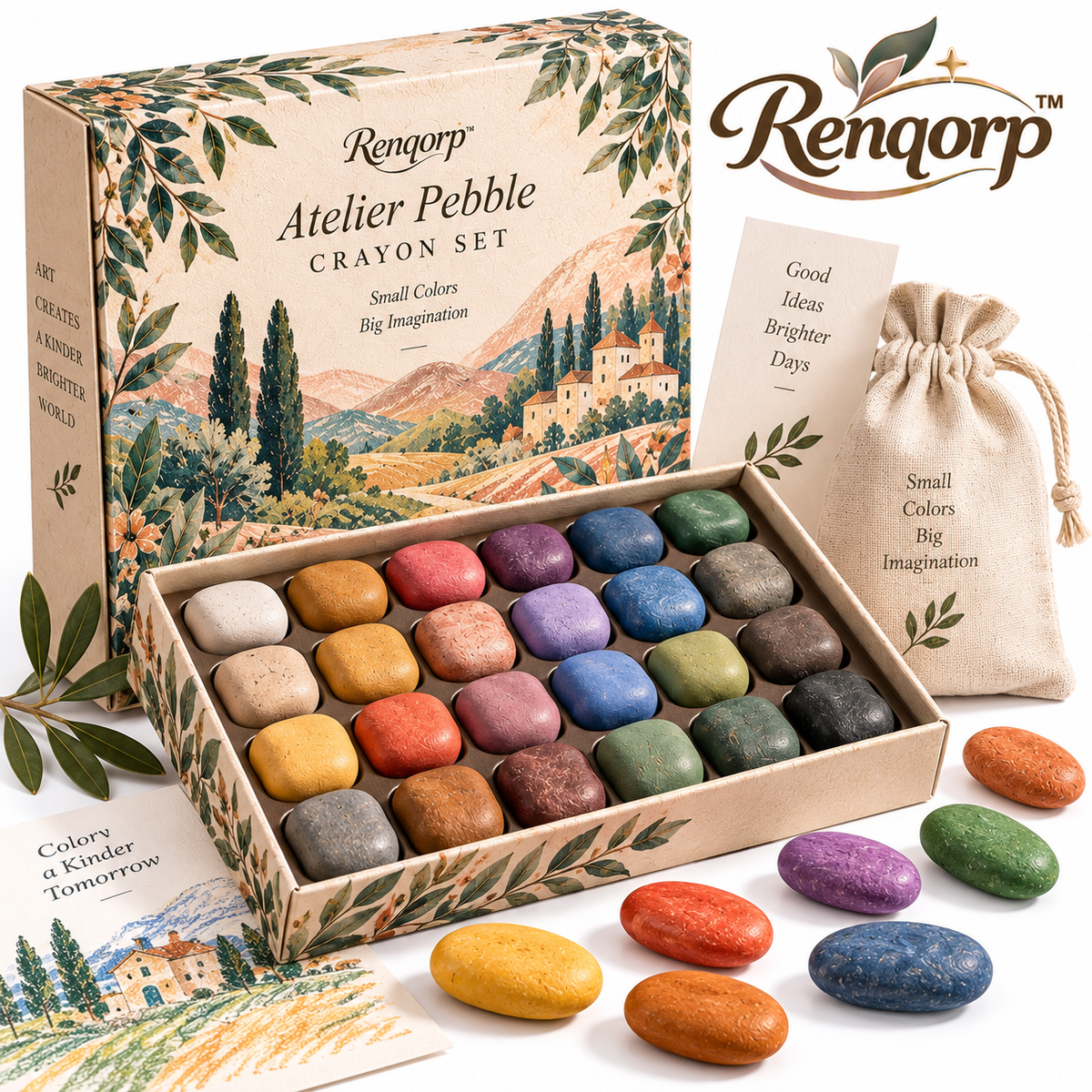 Renqorp™ Atelier Pebble 12-Piece Designer Crayon Set | Sculpted Drawing Crayons Creative Art Gift
