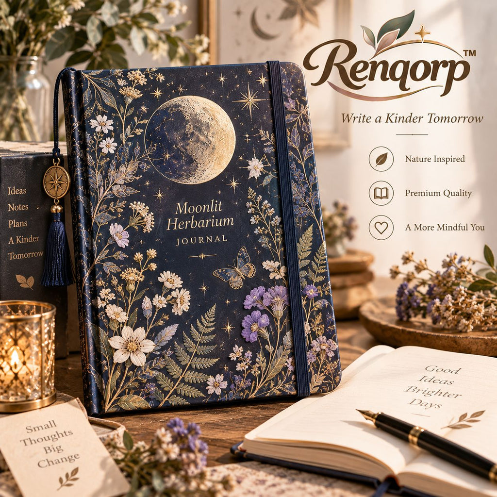 Renqorp™ Moonlit Herbarium Botanical Celestial Hardcover Journal | Premium Lined Writing Notebook