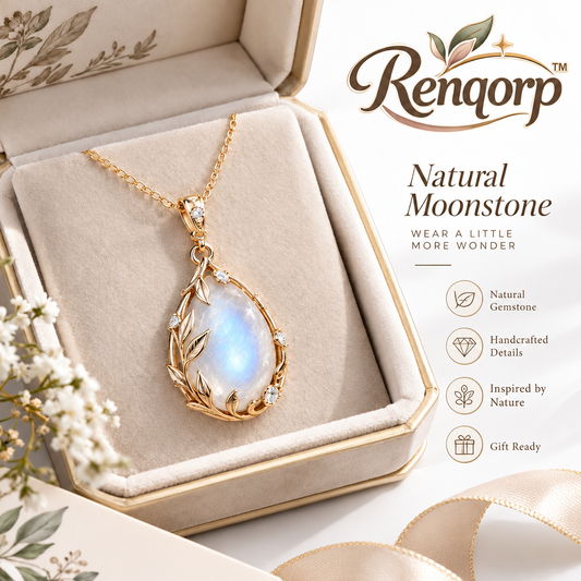 Renqorp™ Lune Veil Natural Moonstone Artisan Pendant Necklace | Handmade Stone Botanical Jewelry