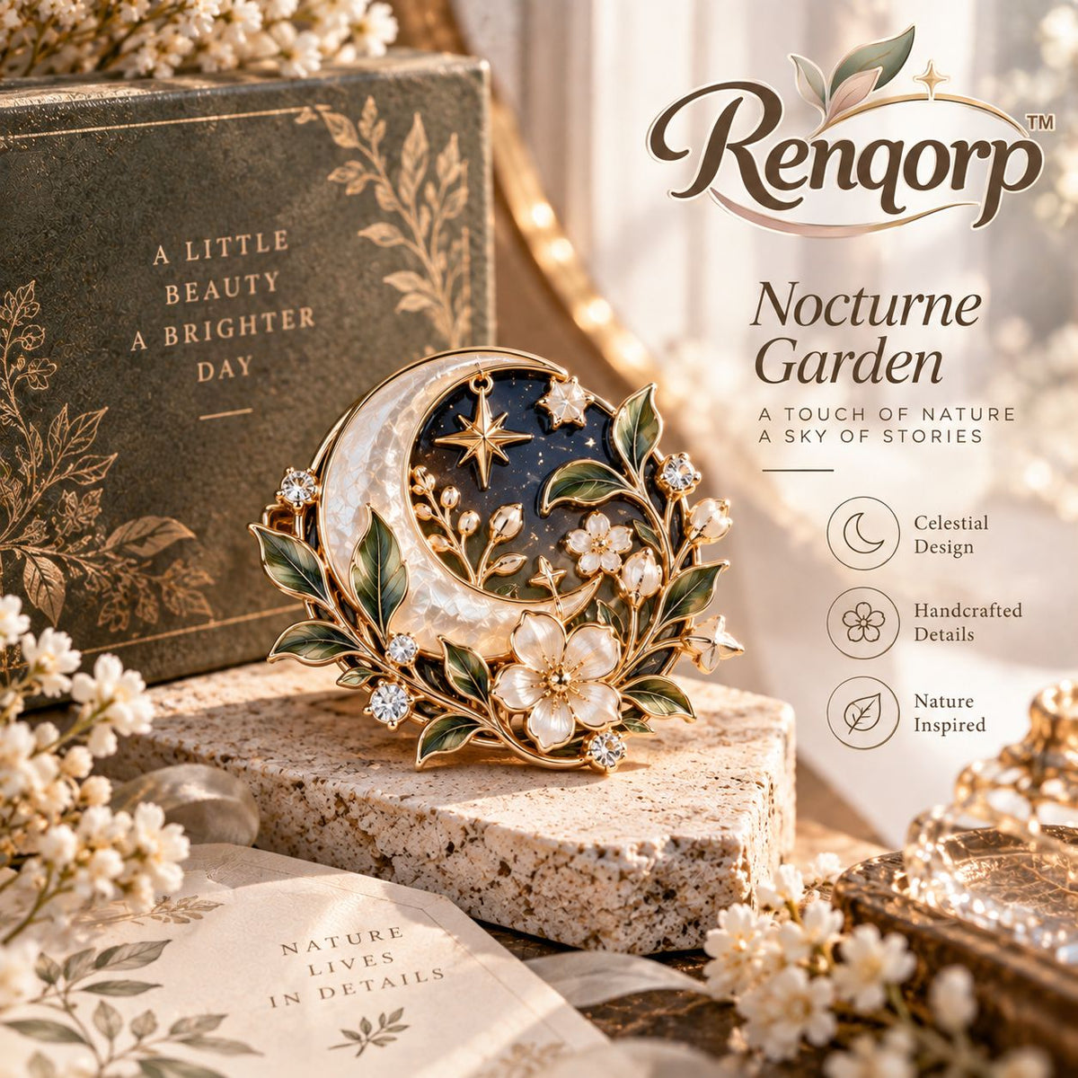Renqorp™ Nocturne Garden Celestial Botanical Brooch | Moon Star Plant Vintage Inspired Lapel Pin