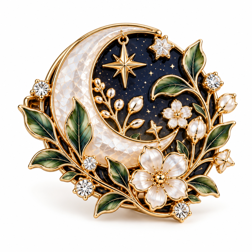 Renqorp™ Nocturne Garden Celestial Botanical Brooch | Moon Star Plant Vintage Inspired Lapel Pin