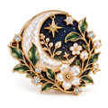 Renqorp™ Nocturne Garden Celestial Botanical Brooch | Moon Star Plant Vintage Inspired Lapel Pin