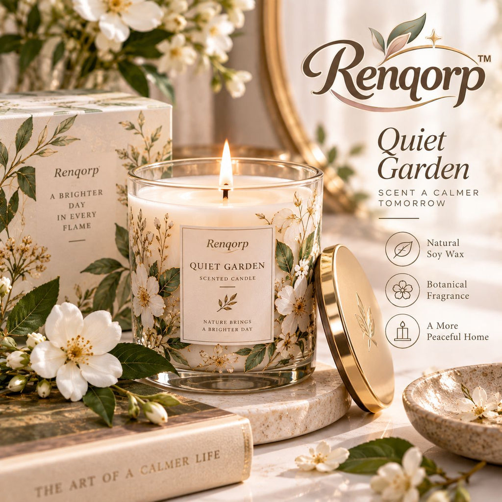 Renqorp™ Quiet Garden 8 oz Hand-Poured Botanical Scented Candle | Soy Wax Blend Home Fragrance