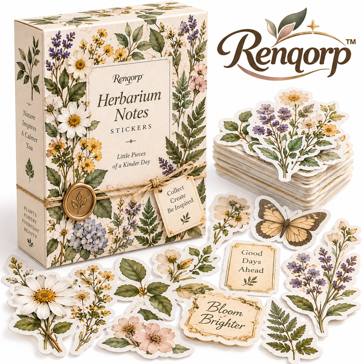 Renqorp™ Herbarium Notes Botanical Planner Sticker Book | 3 Original Plant Illustration Sheets