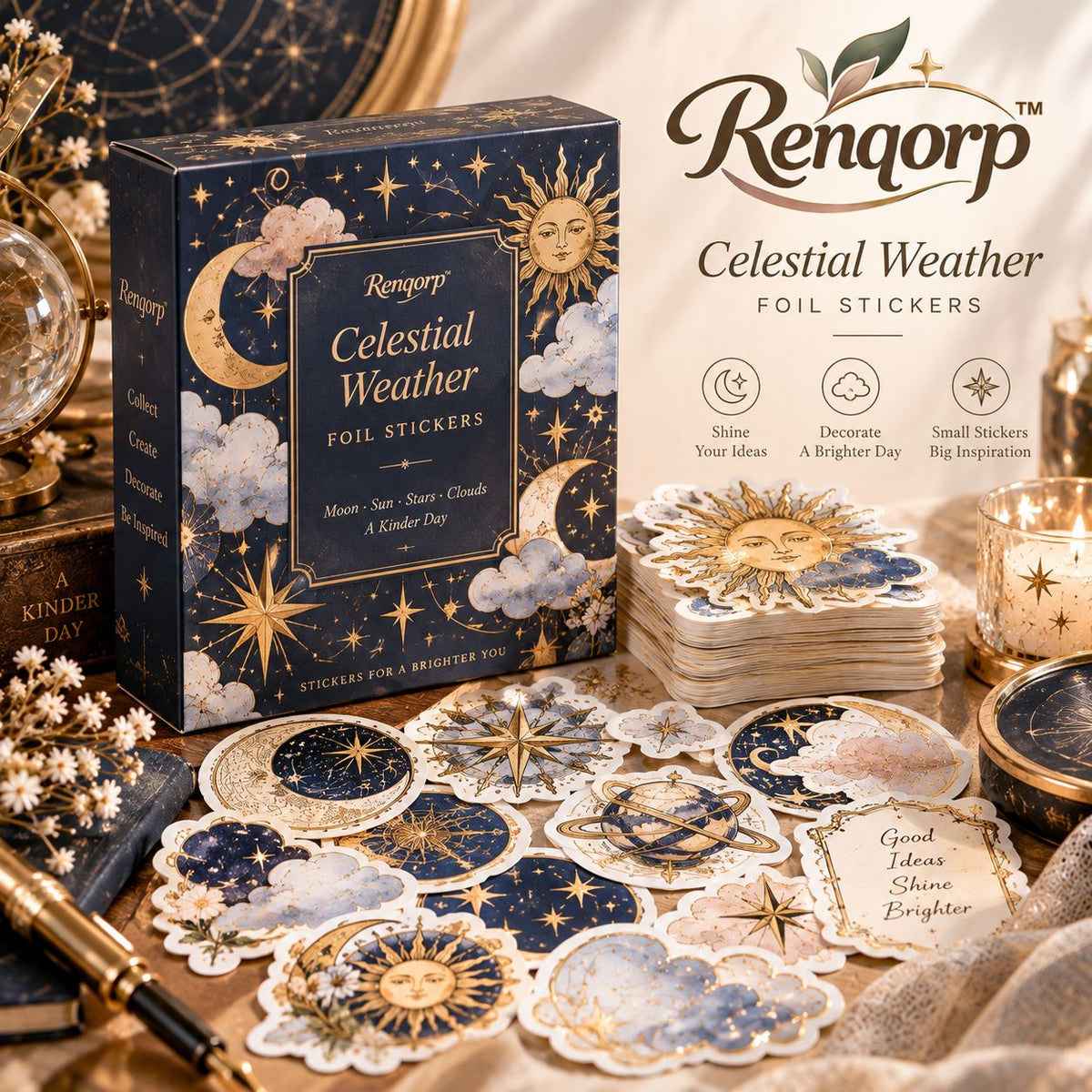 Renqorp™ Celestial Weather Gold-Foil Planner Sticker Book | Moon Star Cloud Journal Stickers