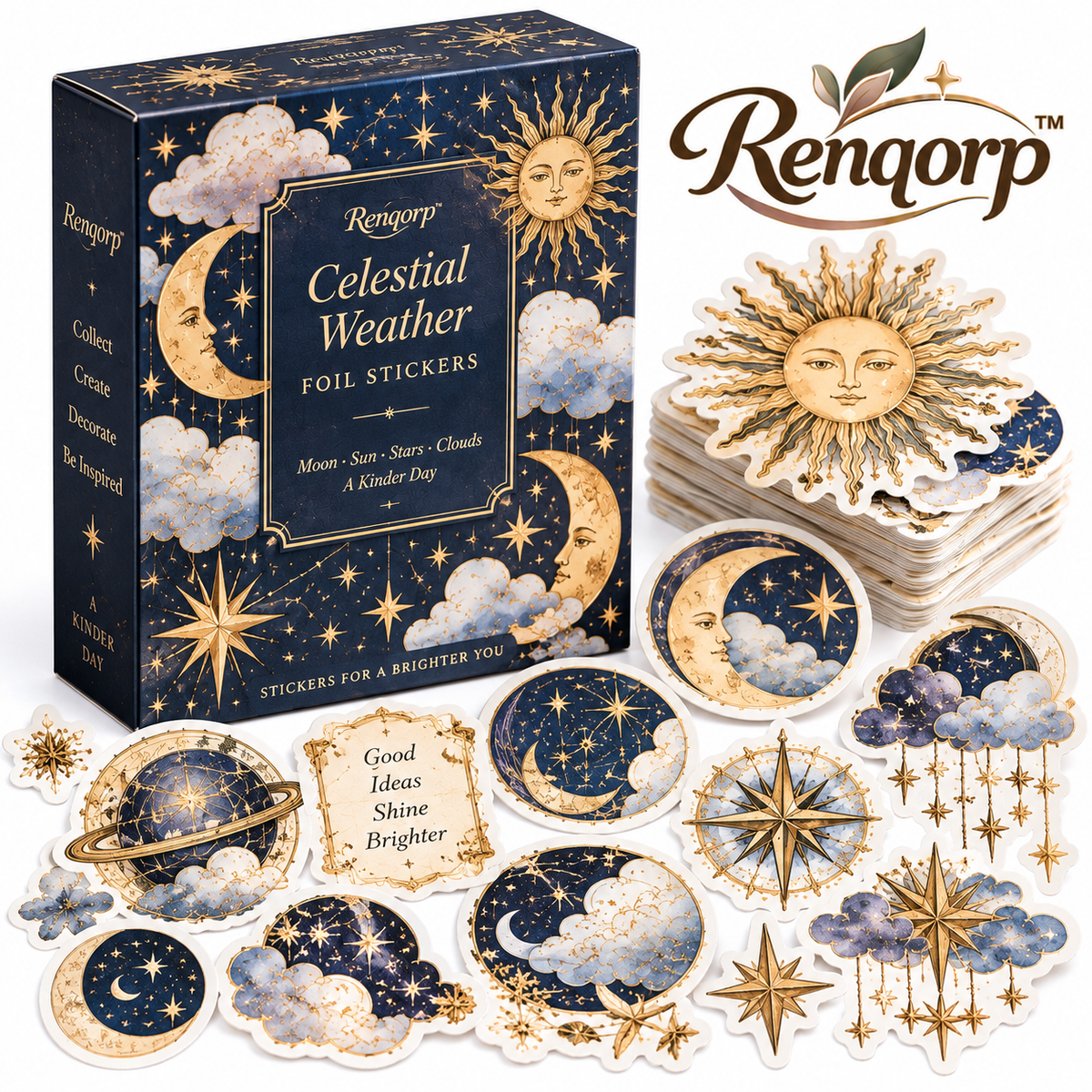 Renqorp™ Celestial Weather Gold-Foil Planner Sticker Book | Moon Star Cloud Journal Stickers