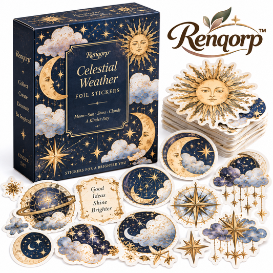 Renqorp™ Celestial Weather Gold-Foil Planner Sticker Book | Moon Star Cloud Journal Stickers