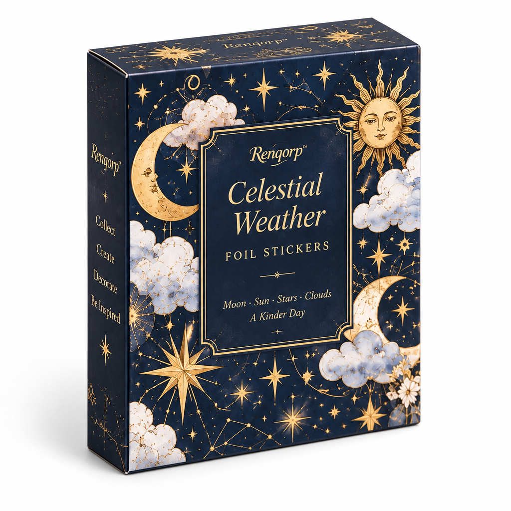 Renqorp™ Celestial Weather Gold-Foil Planner Sticker Book | Moon Star Cloud Journal Stickers