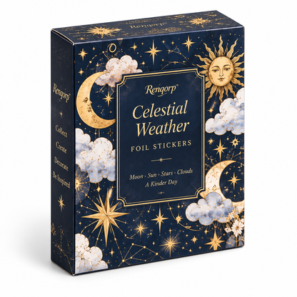 Renqorp™ Celestial Weather Gold-Foil Planner Sticker Book | Moon Star Cloud Journal Stickers