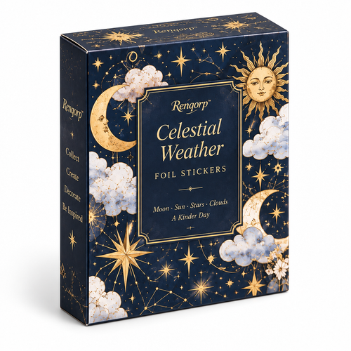 Renqorp™ Celestial Weather Gold-Foil Planner Sticker Book | Moon Star Cloud Journal Stickers