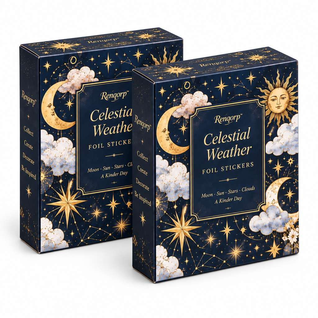 Renqorp™ Celestial Weather Gold-Foil Planner Sticker Book | Moon Star Cloud Journal Stickers