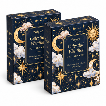 Renqorp™ Celestial Weather Gold-Foil Planner Sticker Book | Moon Star Cloud Journal Stickers