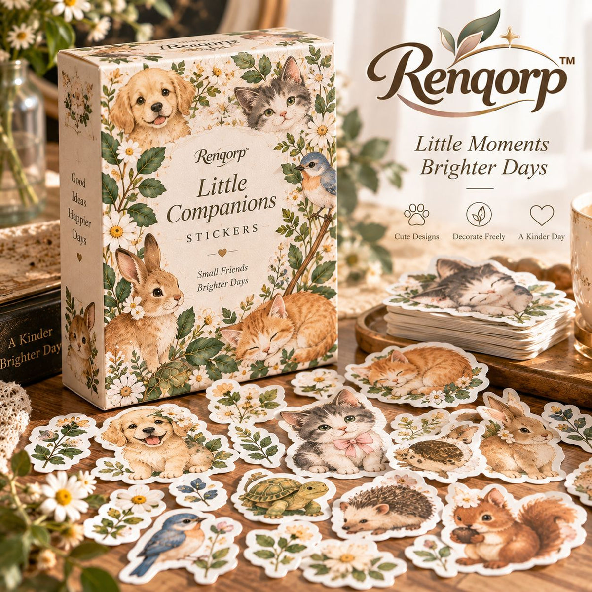 Renqorp™ Little Companions Cute Animal Planner Sticker Book | 3 Hand-Drawn Journal Sticker Sheets
