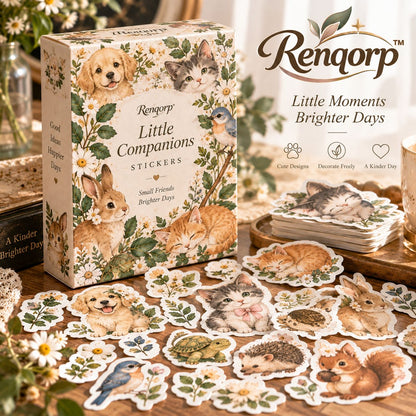 Renqorp™ Little Companions Cute Animal Planner Sticker Book | 3 Hand-Drawn Journal Sticker Sheets