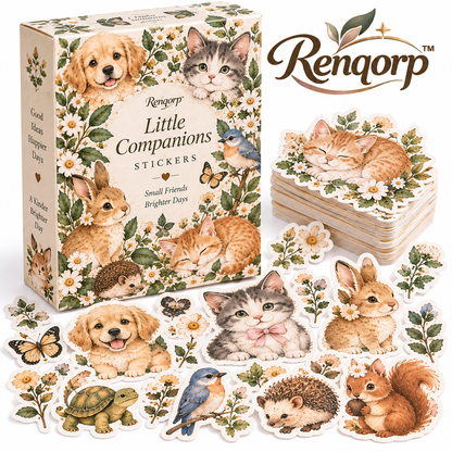 Renqorp™ Little Companions Cute Animal Planner Sticker Book | 3 Hand-Drawn Journal Sticker Sheets