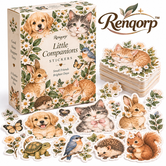 Renqorp™ Little Companions Cute Animal Planner Sticker Book | 3 Hand-Drawn Journal Sticker Sheets