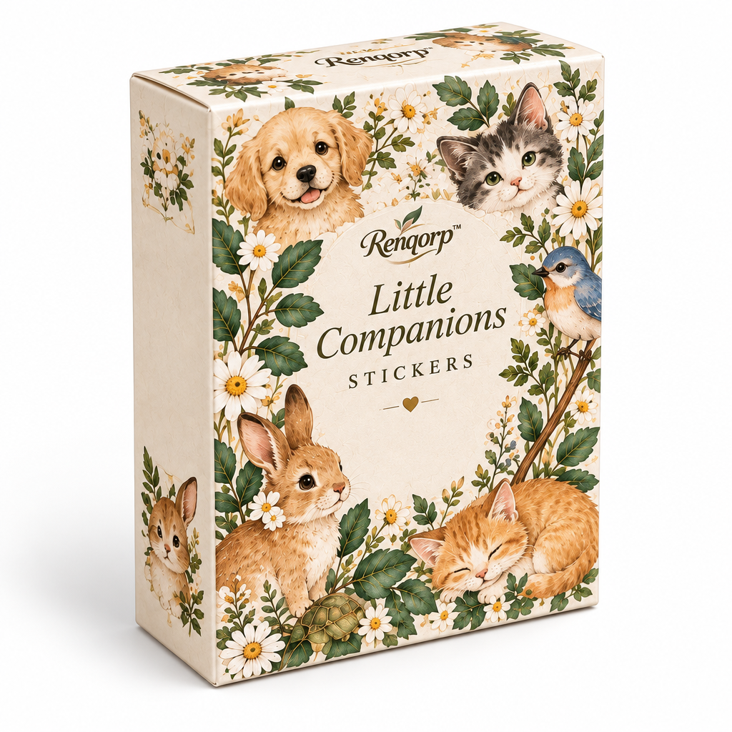 Renqorp™ Little Companions Cute Animal Planner Sticker Book | 3 Hand-Drawn Journal Sticker Sheets